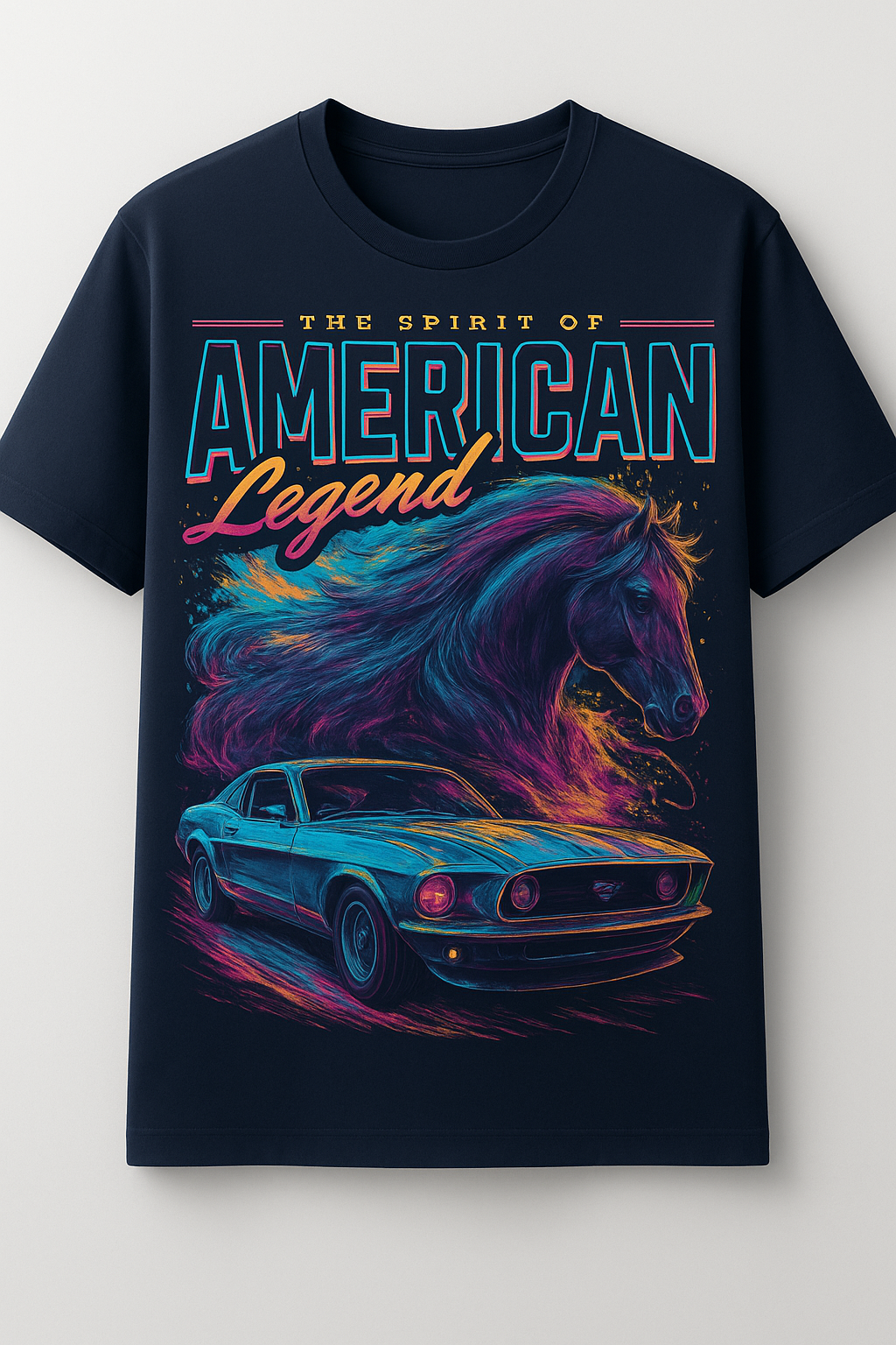 American Legend Neon Muscle Car & Wild Horse Graphic Tee In Cotton.