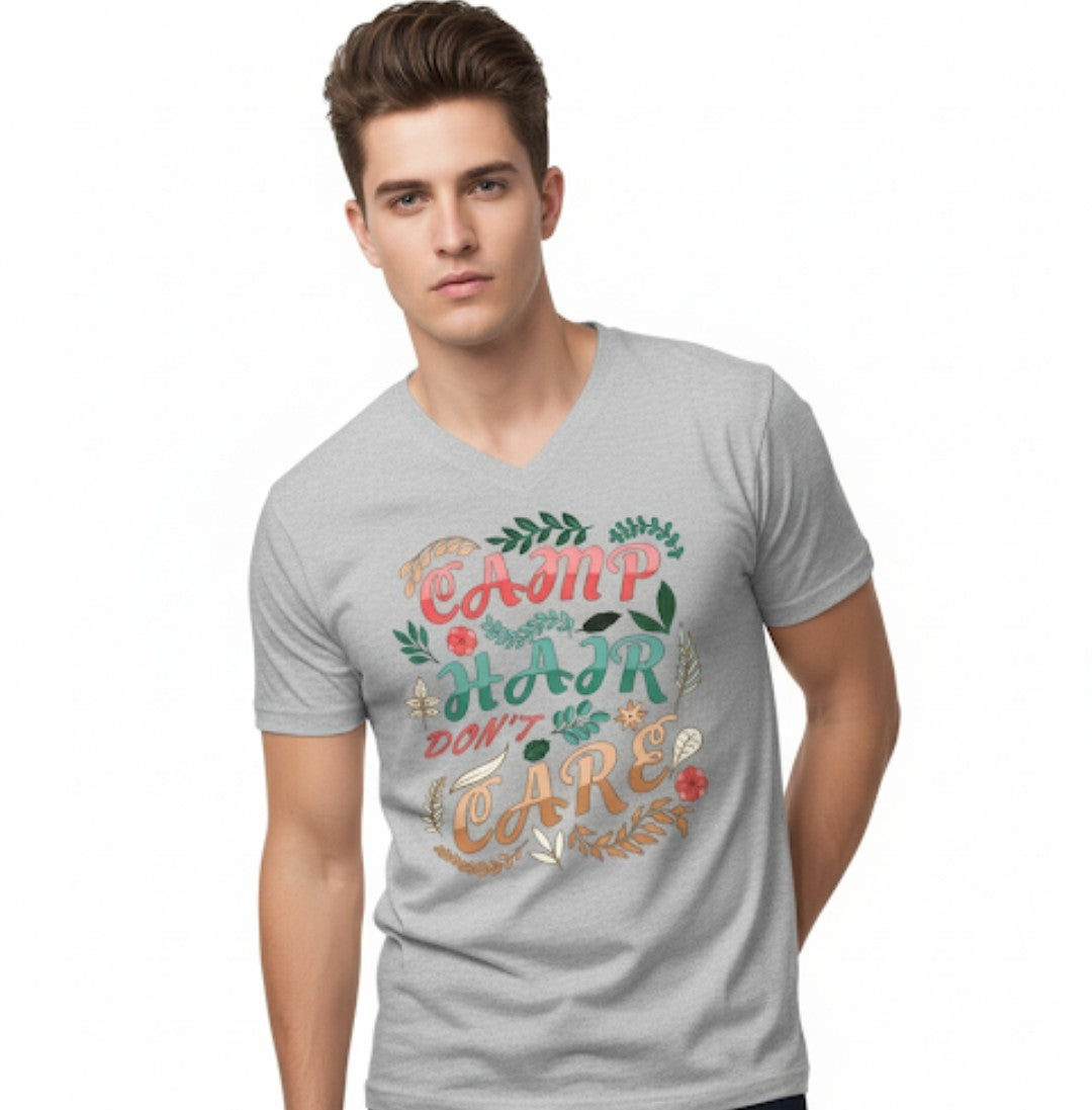 Camp Hair Don’t Care – Men’s Green V-Neck Graphic T-Shirt