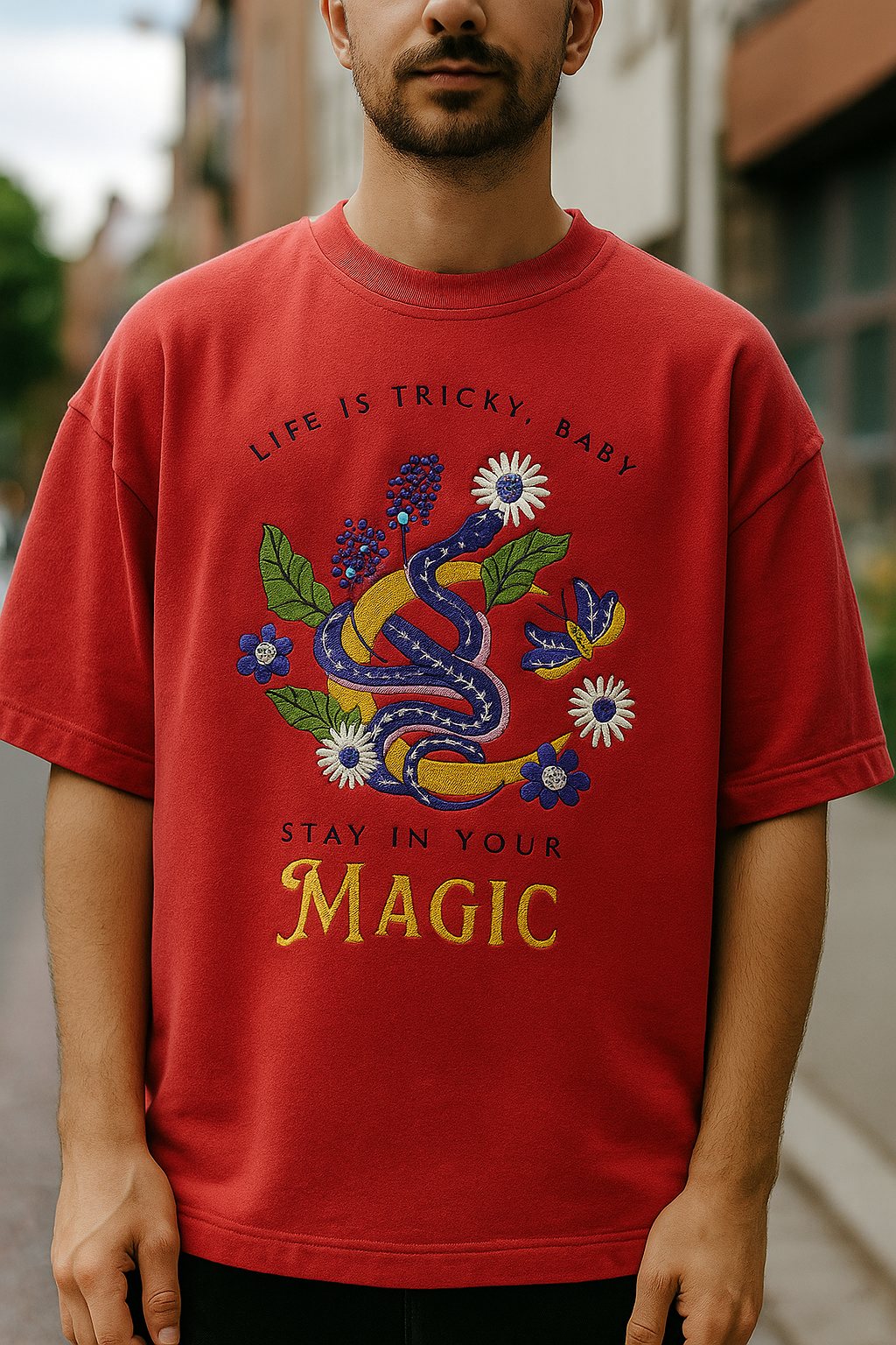 “Stay in Your Magic” Colorful Snake & Floral Graphic Tee