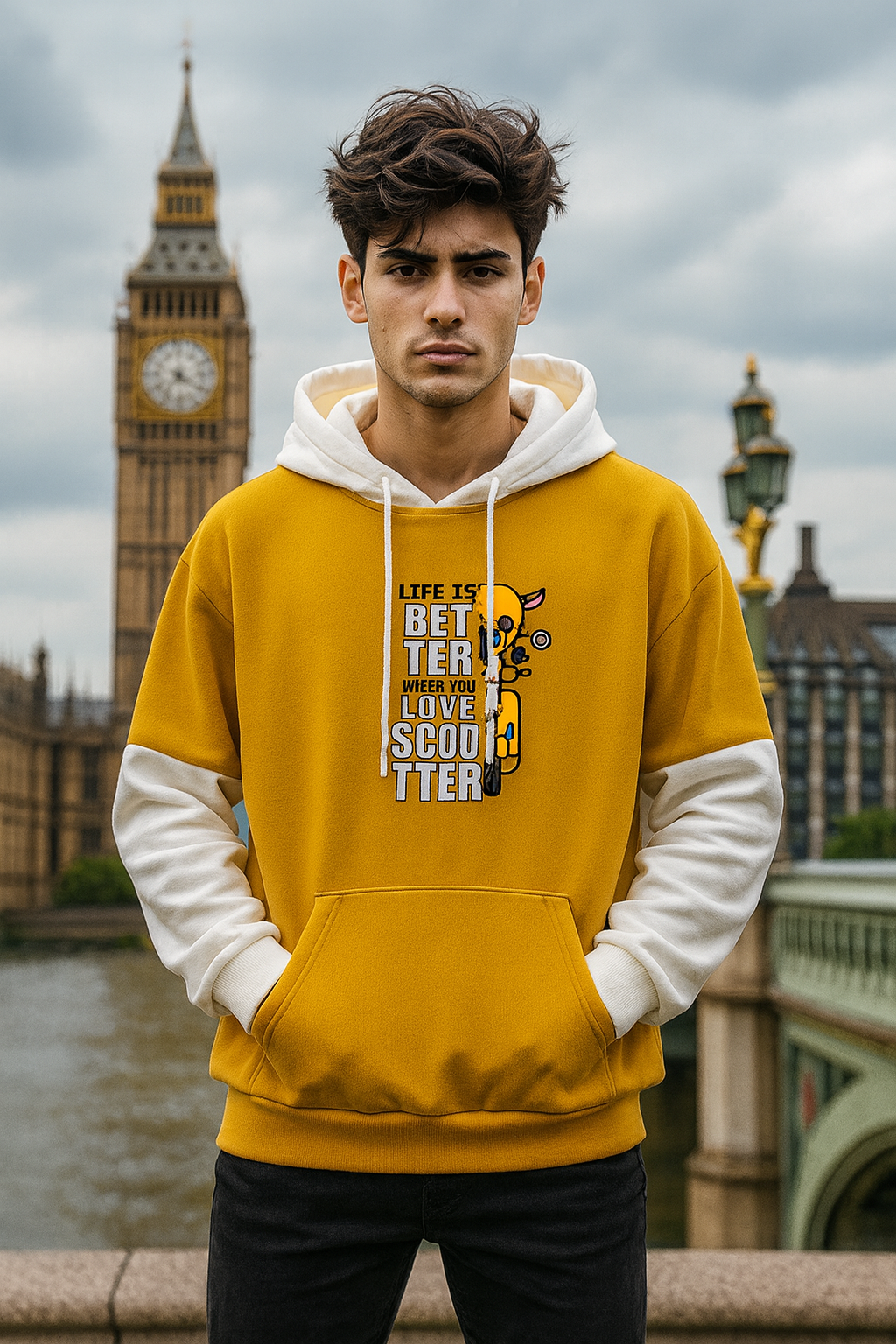 Colour block Yellow & White “Life Is Better When You Love Scooter” Hoodie