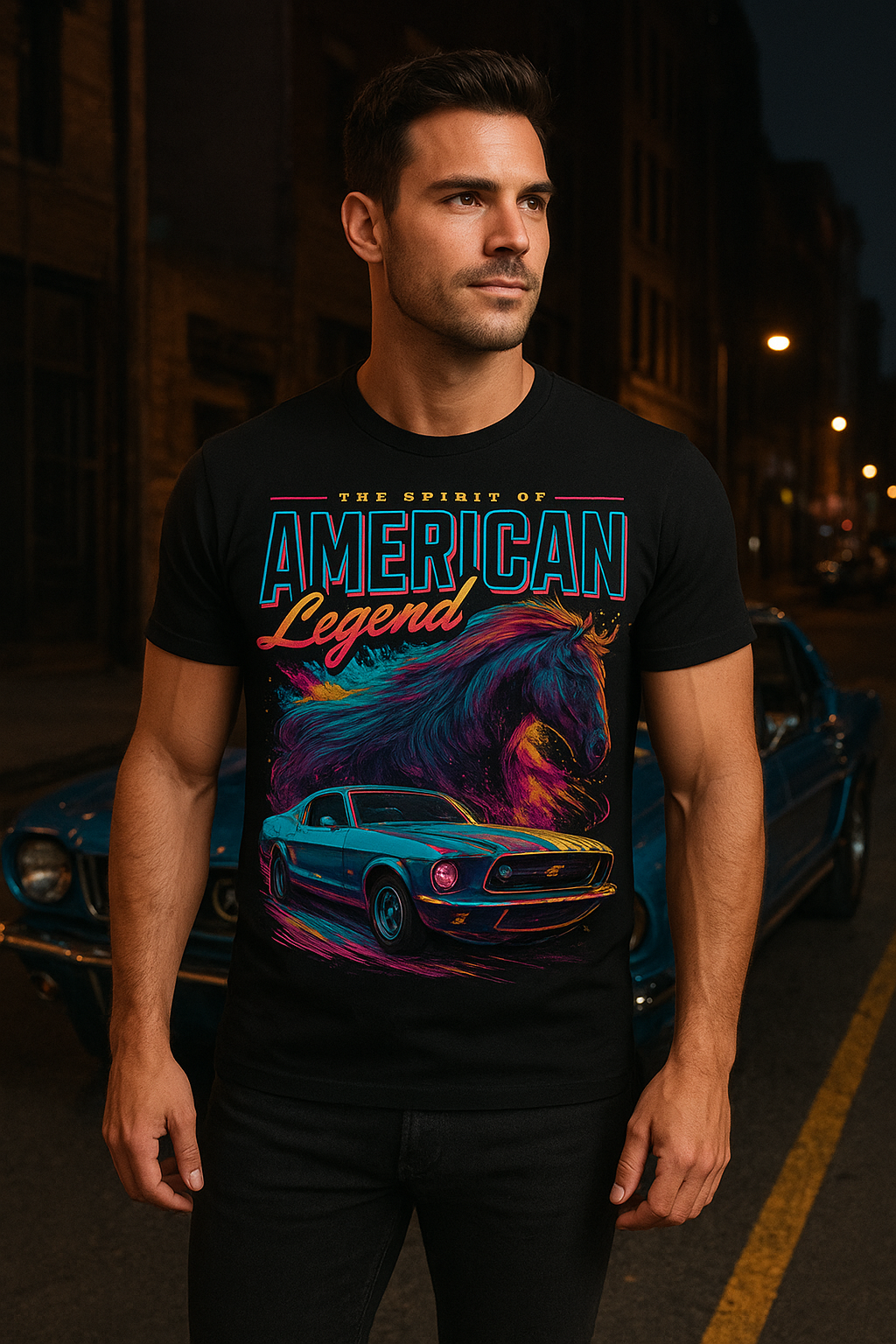 American Legend Neon Muscle Car & Wild Horse Graphic Tee In Cotton.