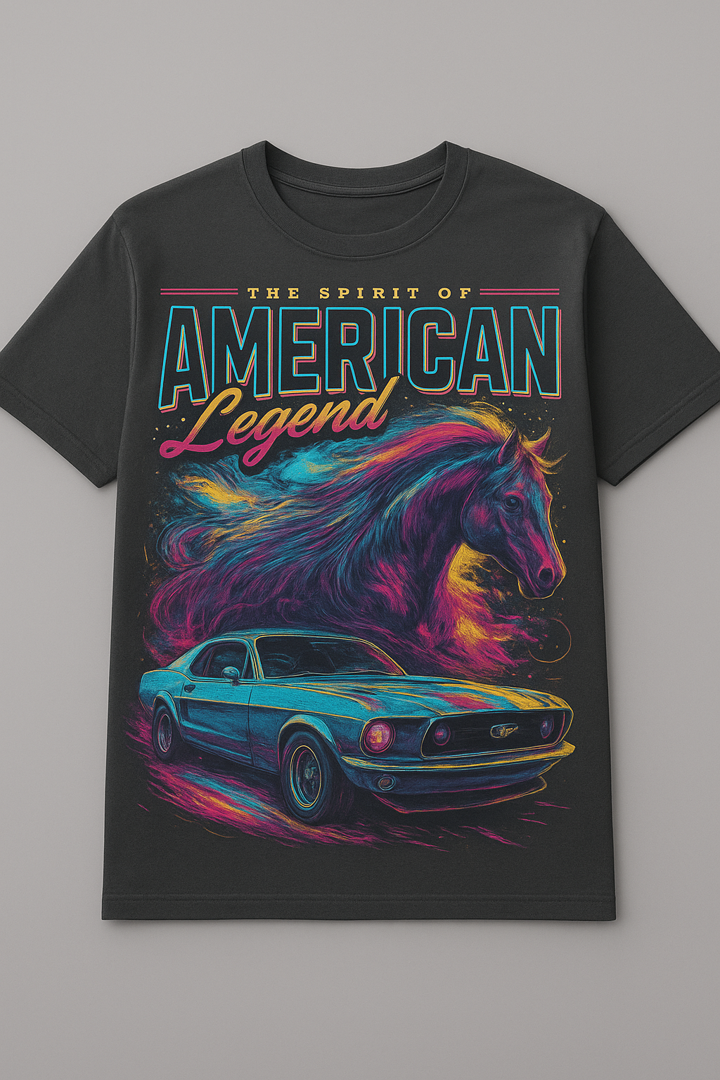 American Legend Neon Muscle Car & Wild Horse Graphic Tee In Cotton.
