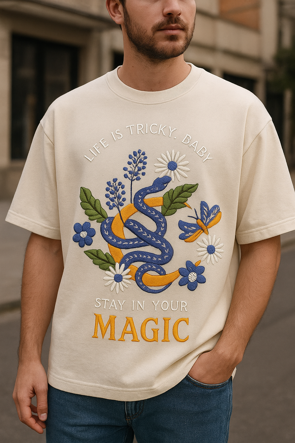 “Stay in Your Magic” Colorful Snake & Floral Graphic Tee