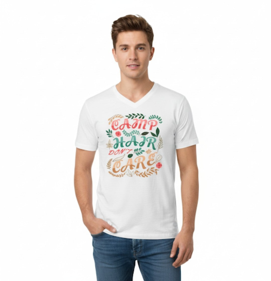Camp Hair Don’t Care – Men’s Green V-Neck Graphic T-Shirt