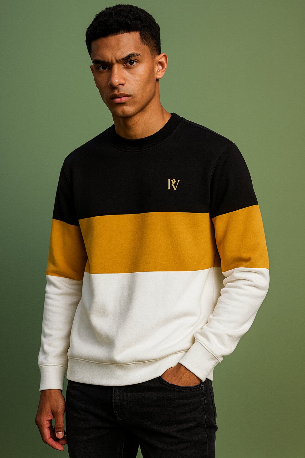 Color-Block Crewneck Sweatshirt with Minimalist RV Logo