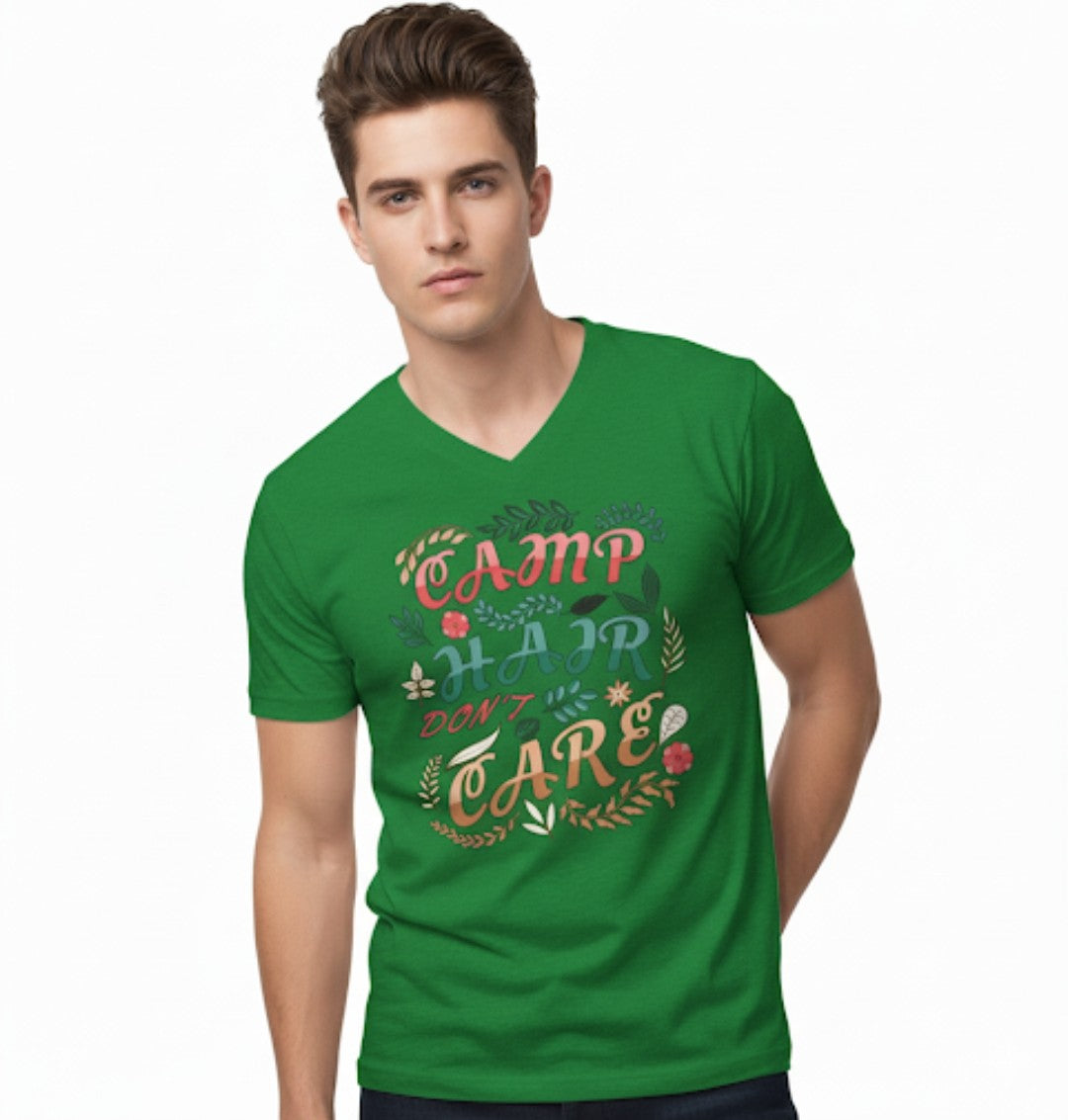 Camp Hair Don’t Care – Men’s Green V-Neck Graphic T-Shirt
